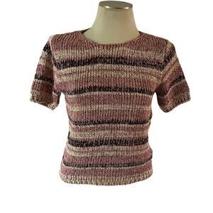 Vtg Y2K 2000s Pink Stripe Knit Short Sleeve Shirt Sz S Boho